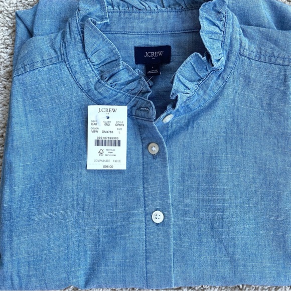 J.Crew Chambray Denim Ruffle Feminine Lightweight Cotton Button Down Large New! - Picture 4 of 7